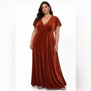 Jenny Yoo Rust Velvet Maxi Dress Size 16 Flutter Sleeves V-Neck Bridesmaid
